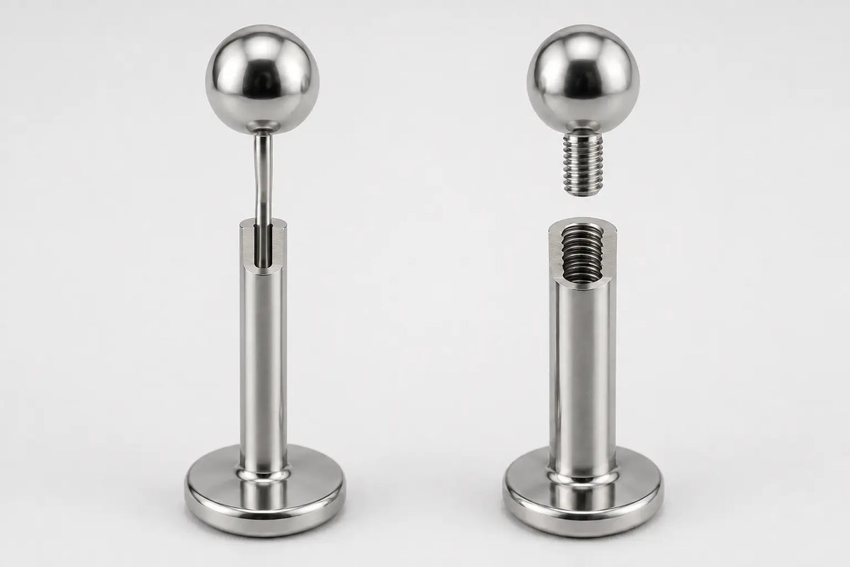 Illustration comparing a smooth threadless pin and an internally threaded labret connection.
