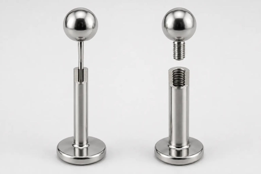 Illustration comparing a smooth threadless pin and an internally threaded labret connection.