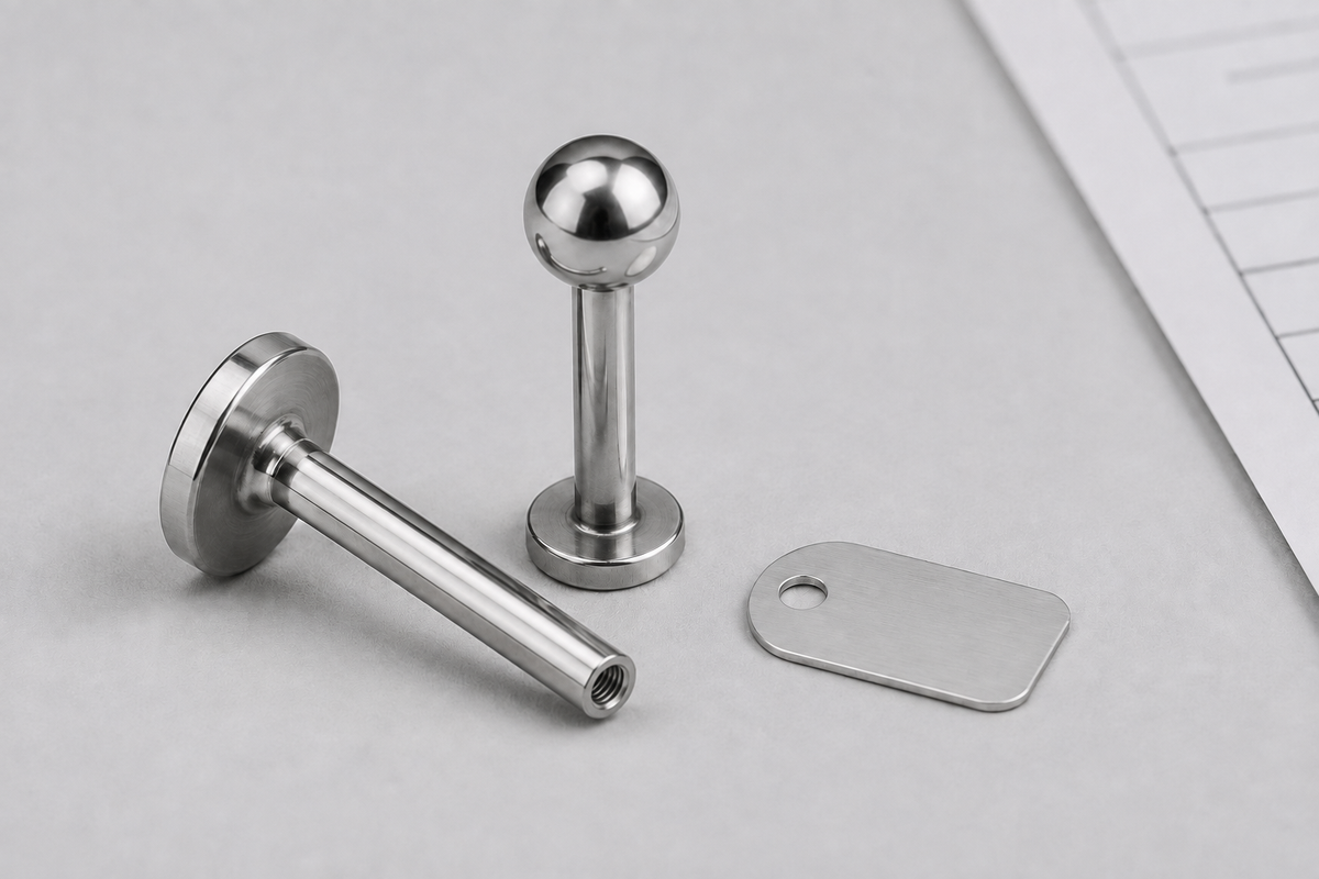 Titanium labret samples, including an internally threaded flat-back post, with a sample tag and abstract report detail.