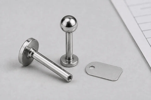 Titanium labret samples, including an internally threaded flat-back post, with a sample tag and abstract report detail.