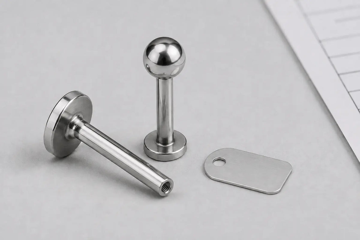 Titanium labret samples, including an internally threaded flat-back post, with a sample tag and abstract report detail.