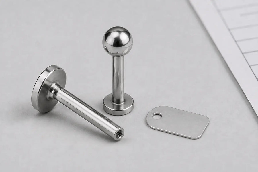 Titanium labret samples, including an internally threaded flat-back post, with a sample tag and abstract report detail.
