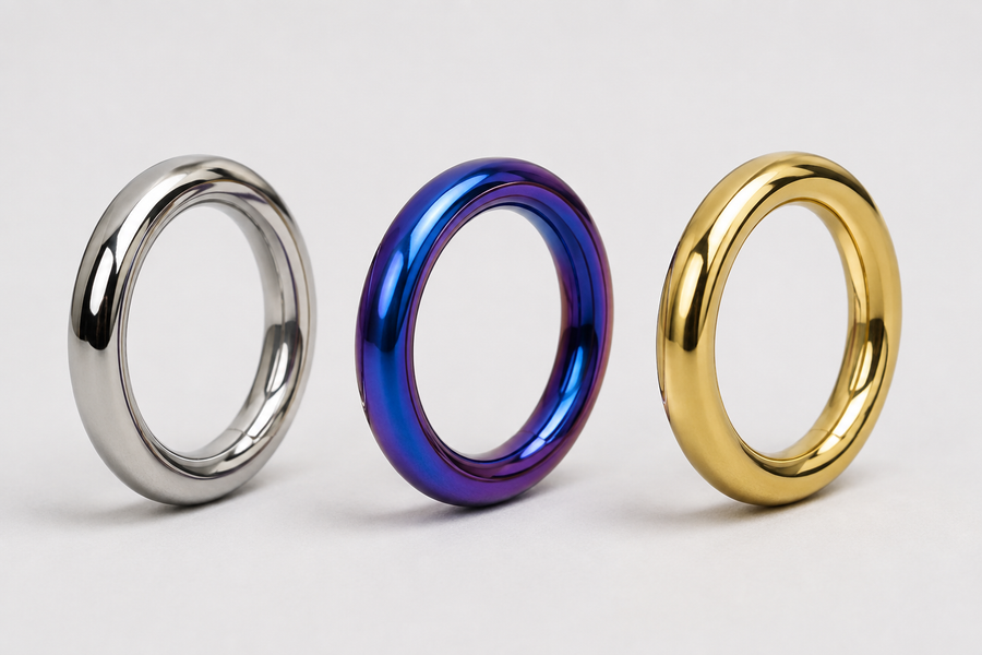 Illustrative comparison of polished silver, blue-violet anodized and gold-coloured PVD finish examples.
