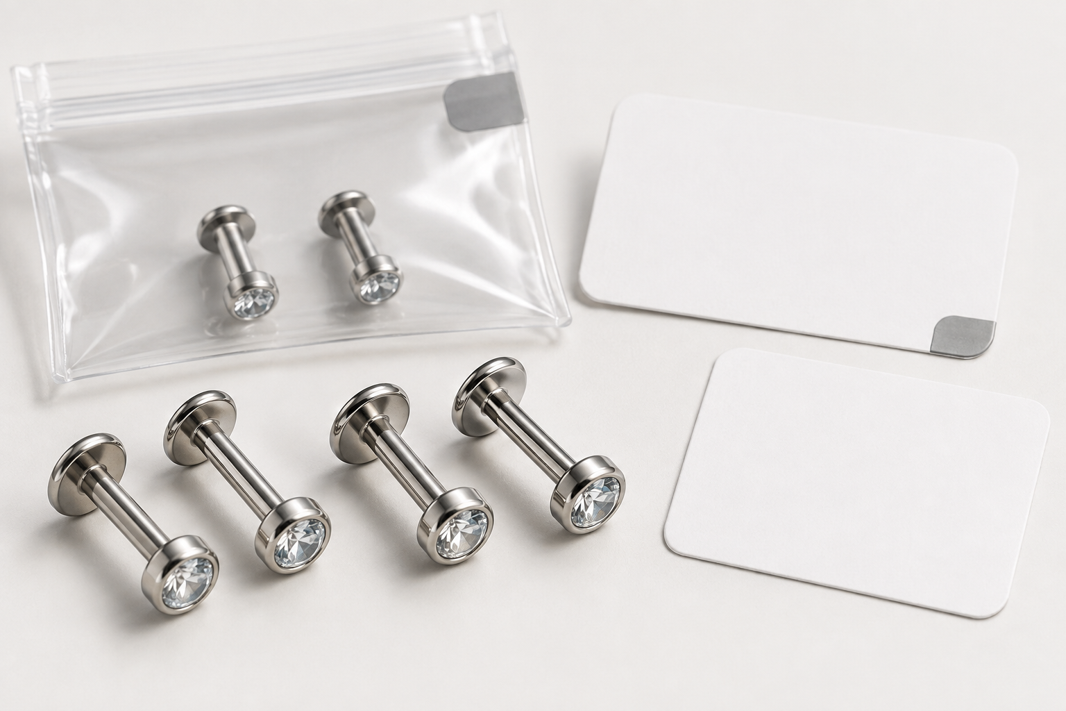 Titanium labrets with transparent stock packaging and small blank labels for product and receiving-reference tracking.