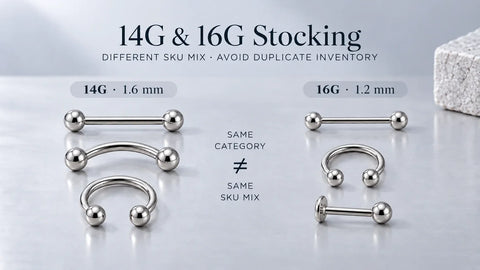 Conceptual 14G and 16G jewelry assortment comparison, not to scale