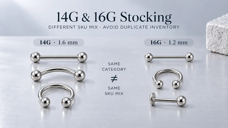 Conceptual 14G and 16G jewelry assortment comparison, not to scale