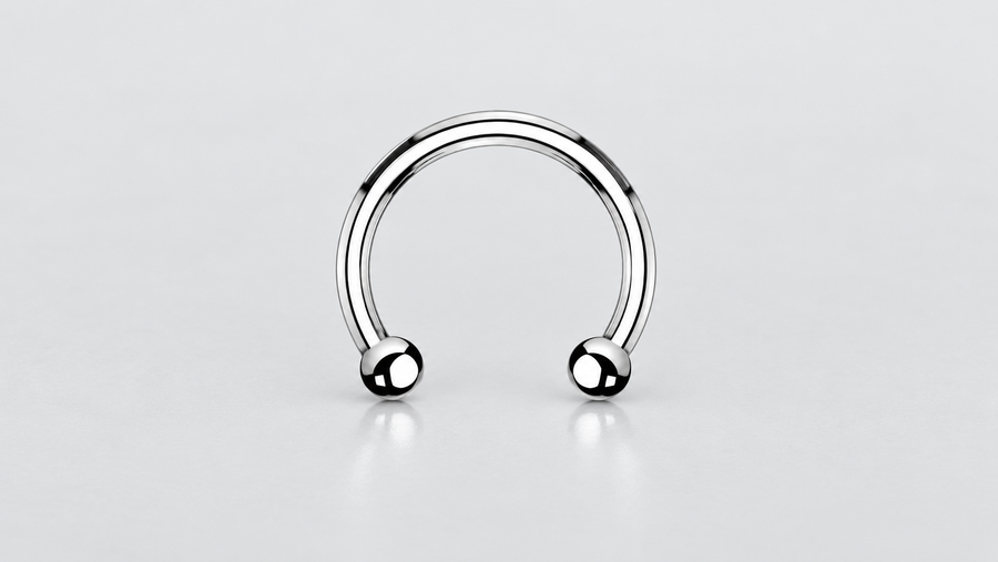 AI illustration of a silver-tone horseshoe circular barbell with two ball ends