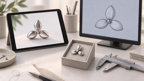 AI illustration of a jewelry concept, CAD model and physical sample