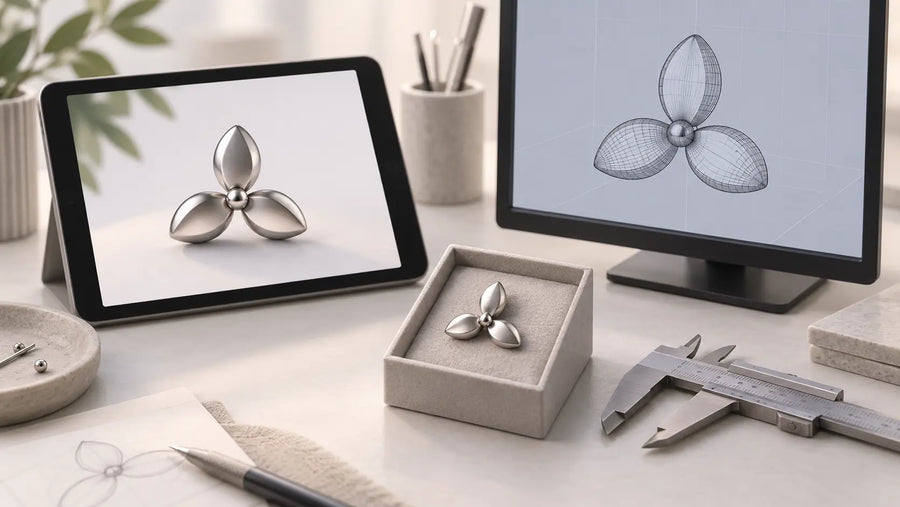 AI illustration of a jewelry concept, CAD model and physical sample