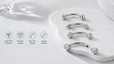 Titanium curved barbells with ball, cone and gemstone ends
