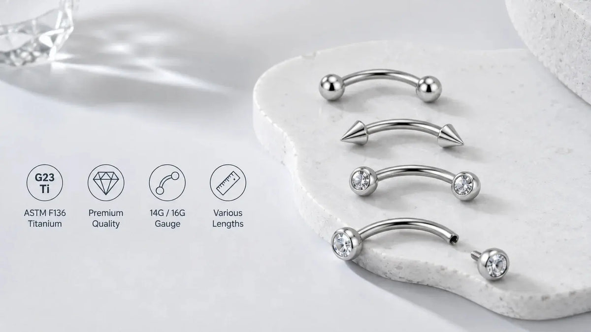 Titanium curved barbells with ball, cone and gemstone ends