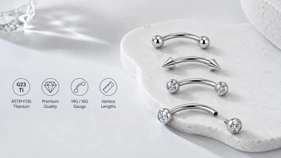 Titanium curved barbells with ball, cone and gemstone ends