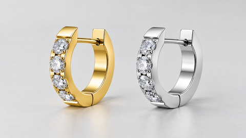 AI-generated illustration of silver-tone and gold-tone gem huggie hoop earrings