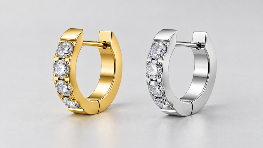 AI-generated illustration of silver-tone and gold-tone gem huggie hoop earrings
