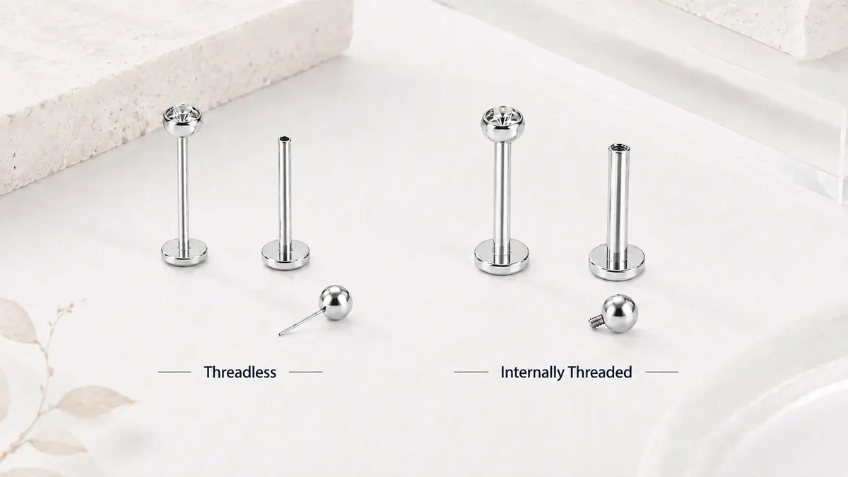 Threadless and internally threaded titanium labret stud connection systems