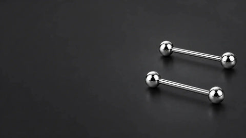 Illustration of two polished titanium straight barbells with plain ball ends