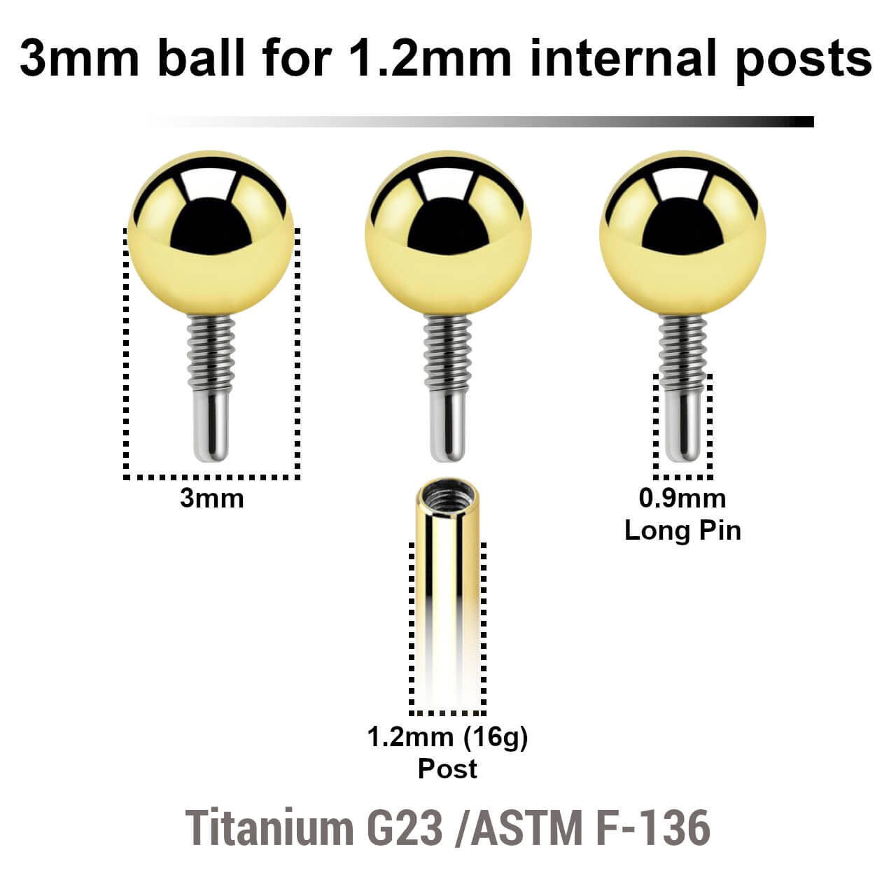 Pack of 10 PVD plated titanium balls with 3mm diameter for 1.2mm internally threaded post with deep threading