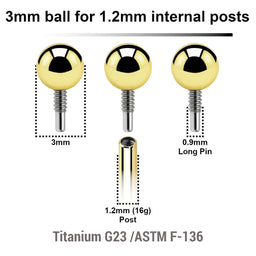 Pack of 10 PVD plated titanium balls with 3mm diameter for 1.2mm internally threaded post with deep threading