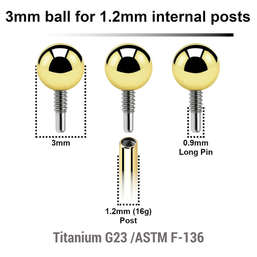Pack of 10 PVD plated titanium balls with 3mm diameter for 1.2mm internally threaded post with deep threading