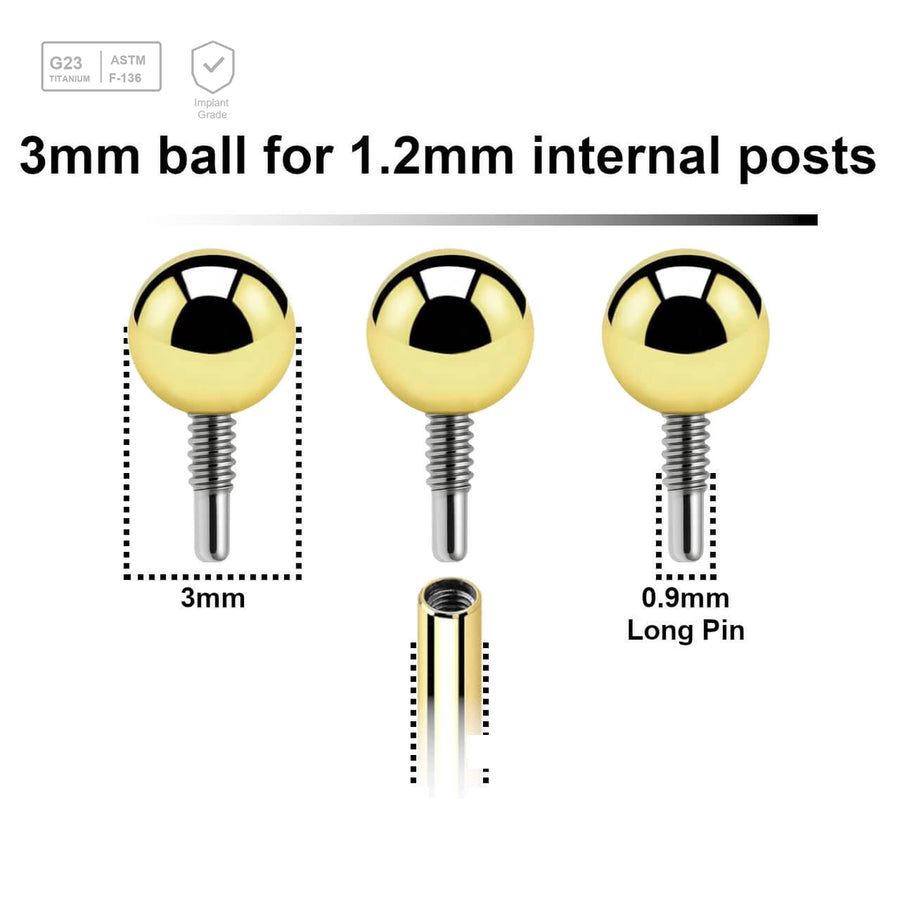 Pack of 10 PVD plated titanium balls with 3mm diameter for 1.2mm internally threaded post with deep threading - G23 ASTM F-136 implant grade titanium body jewelry