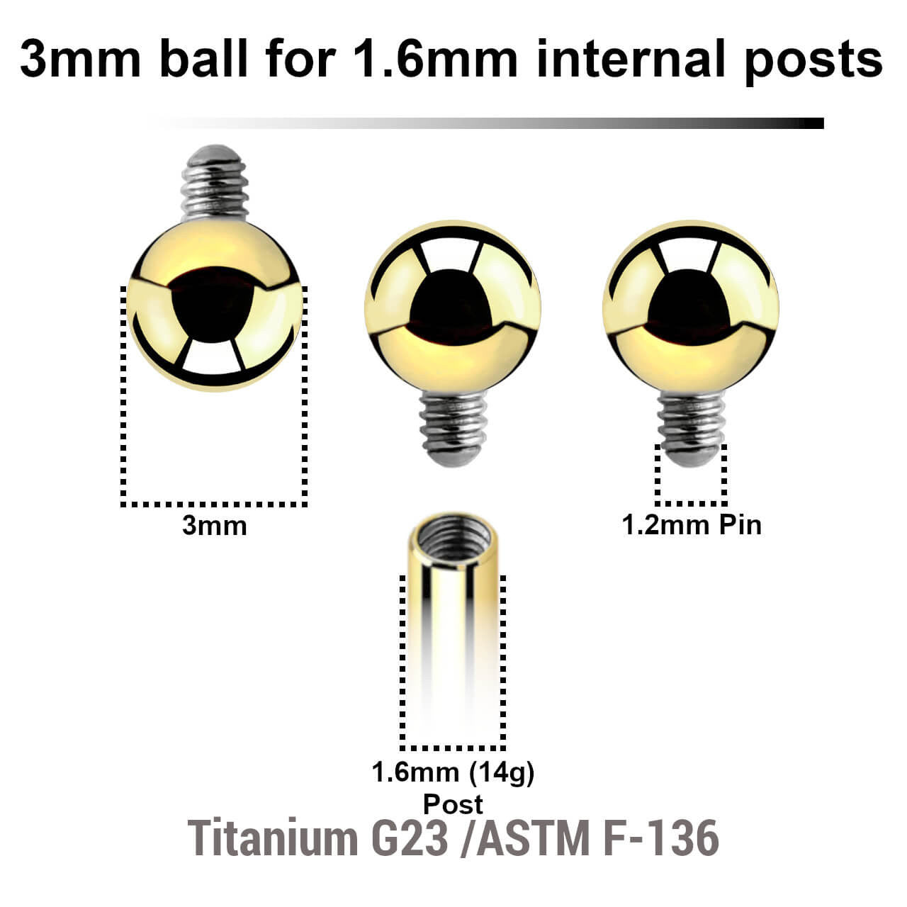 Pack of 10 PVD plated titanium balls with 3mm diameter for 1.6mm internally threaded post
