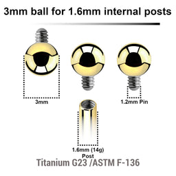Pack of 10 PVD plated titanium balls with 3mm diameter for 1.6mm internally threaded post