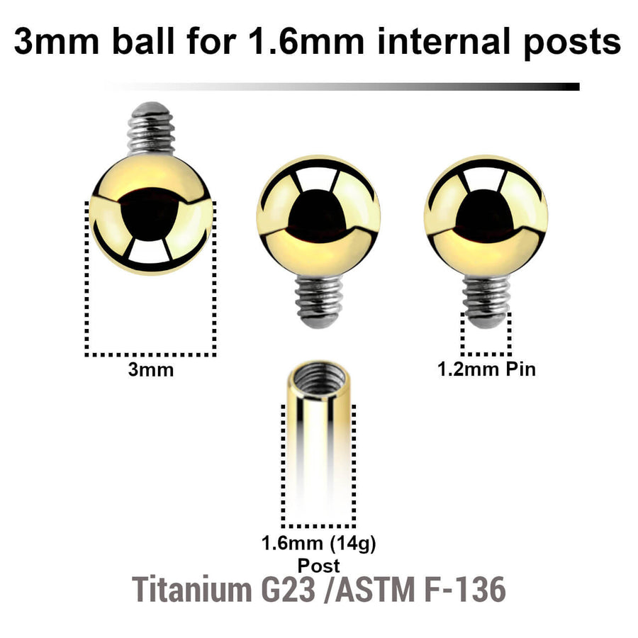 Pack of 10 PVD plated titanium balls with 3mm diameter for 1.6mm internally threaded post
