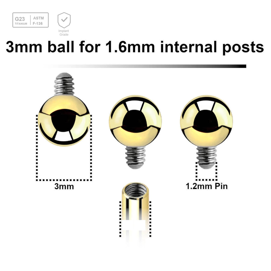 Pack of 10 PVD plated titanium balls with 3mm diameter for 1.6mm internally threaded post - G23 ASTM F-136 implant grade titanium body jewelry