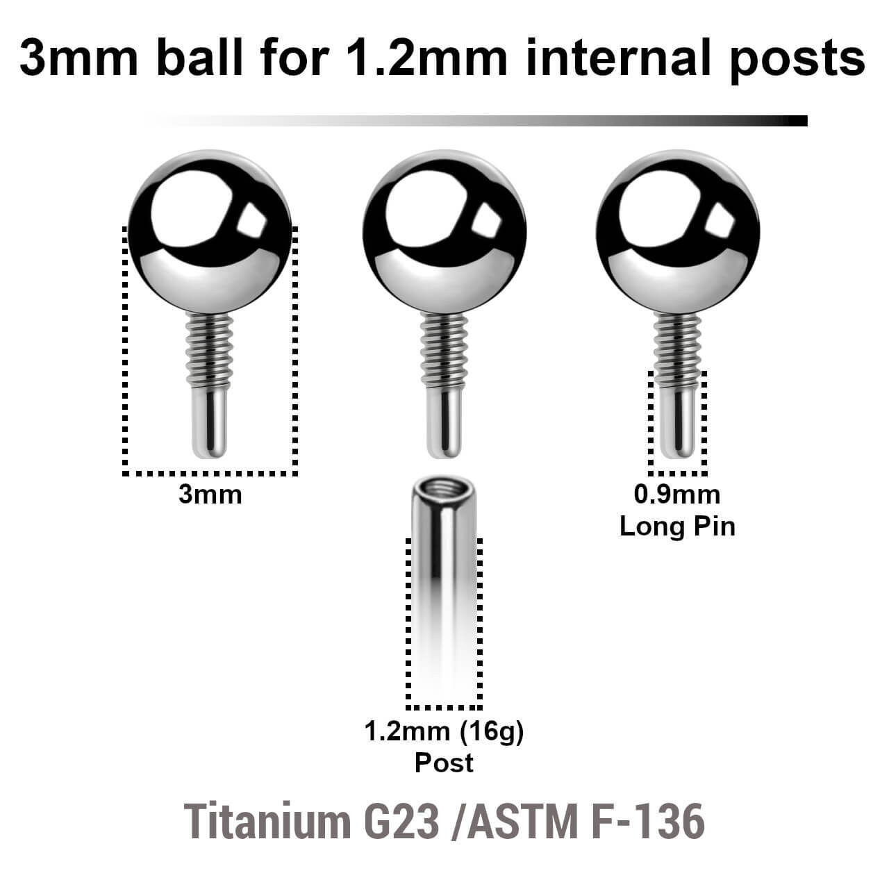 Pack of 25 high polished titanium balls with 3mm diameter for 1.2mm internally threaded post with deep threading