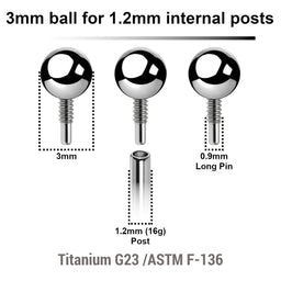 Pack of 25 high polished titanium balls with 3mm diameter for 1.2mm internally threaded post with deep threading