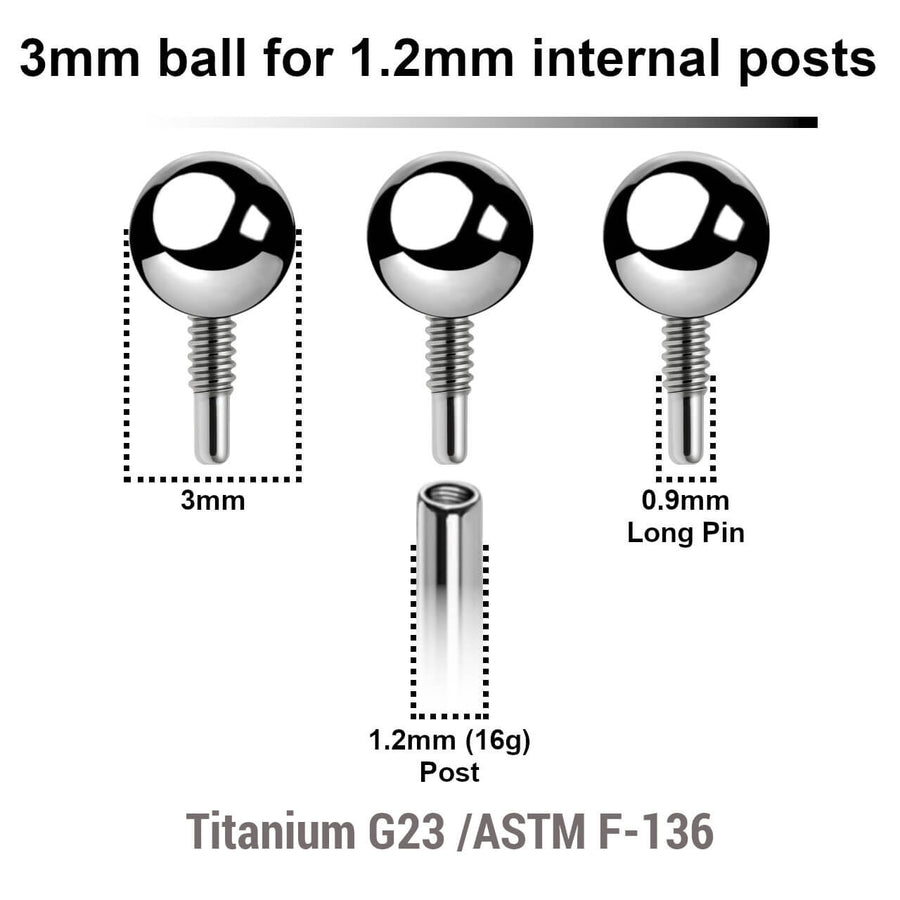 Pack of 25 high polished titanium balls with 3mm diameter for 1.2mm internally threaded post with deep threading