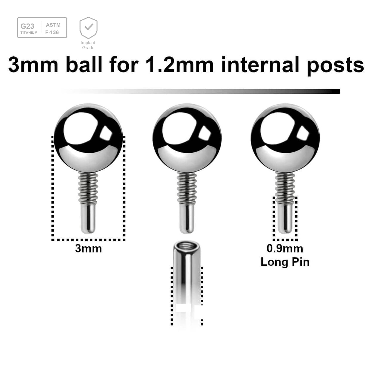 Pack of 25 high polished titanium balls with 3mm diameter for 1.2mm internally threaded post with deep threading - G23 ASTM F-136 implant grade titanium body jewelry