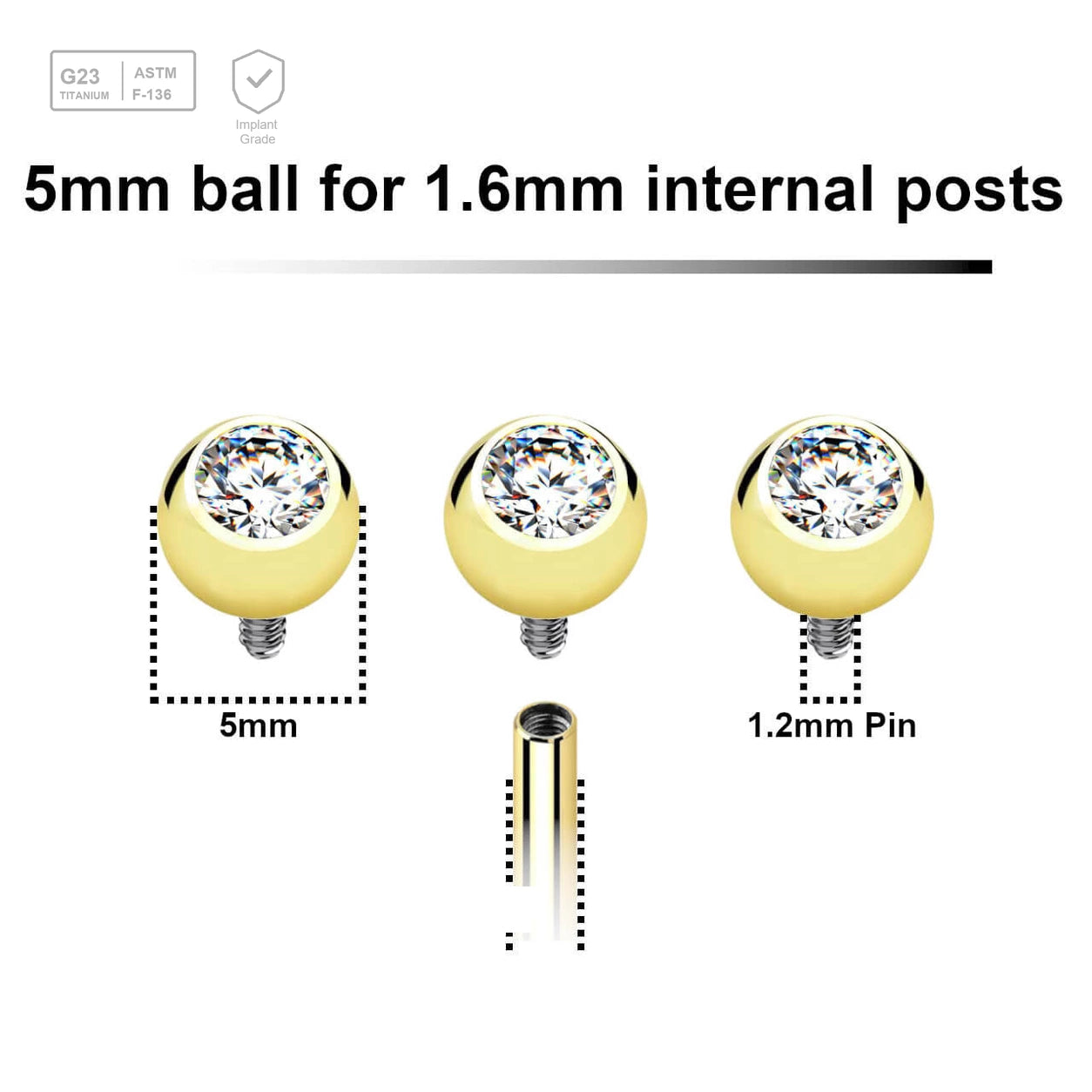 Pack of 10 PVD plated titanium jewel balls with bezel set crystal with 5mm diameter for 1.6mm internally threaded posts - G23 ASTM F-136 implant grade titanium body jewelry