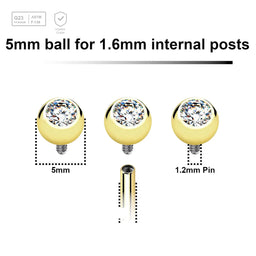 Pack of 10 PVD plated titanium jewel balls with bezel set crystal with 5mm diameter for 1.6mm internally threaded posts - G23 ASTM F-136 implant grade titanium body jewelry