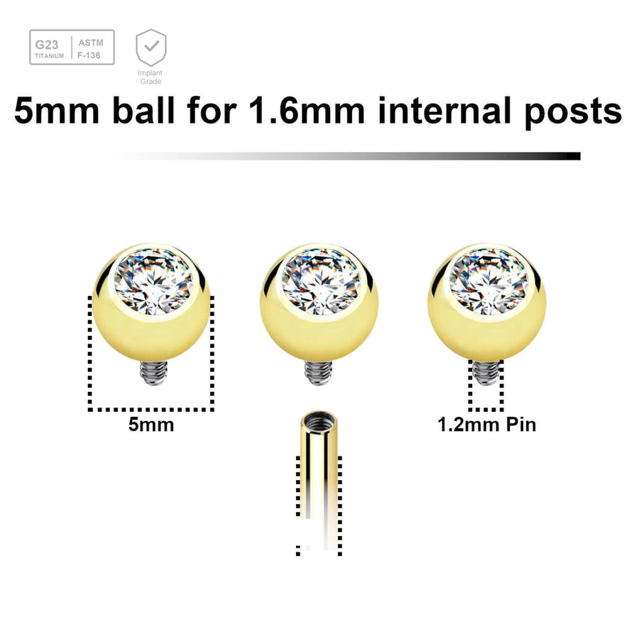Pack of 10 PVD plated titanium jewel balls with bezel set crystal with 5mm diameter for 1.6mm internally threaded posts - G23 ASTM F-136 implant grade titanium body jewelry