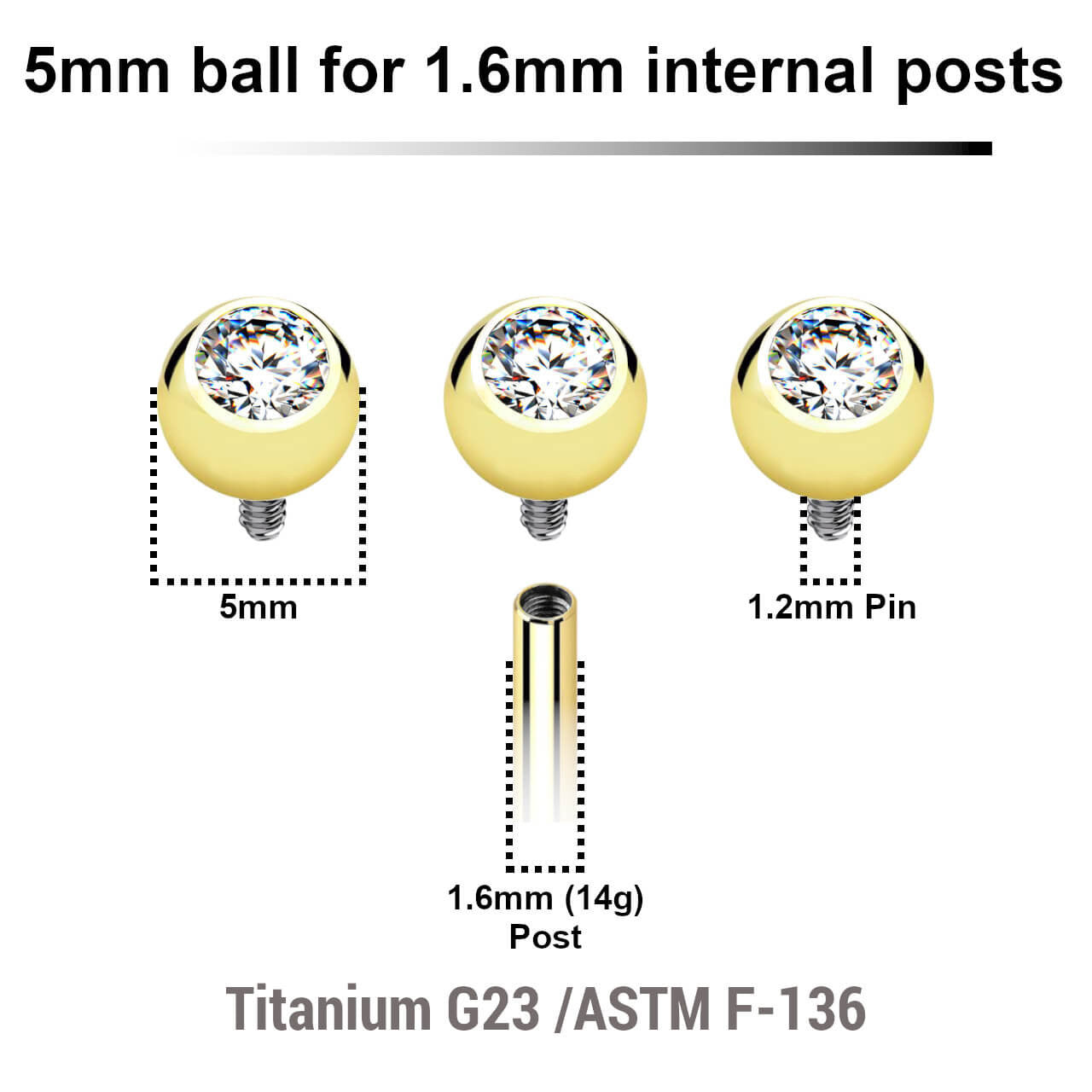 Pack of 10 PVD plated titanium jewel balls with bezel set crystal with 5mm diameter for 1.6mm internally threaded posts