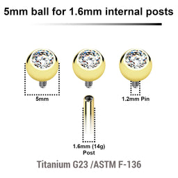 Pack of 10 PVD plated titanium jewel balls with bezel set crystal with 5mm diameter for 1.6mm internally threaded posts