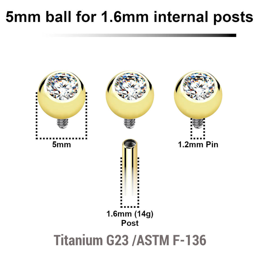 Pack of 10 PVD plated titanium jewel balls with bezel set crystal with 5mm diameter for 1.6mm internally threaded posts