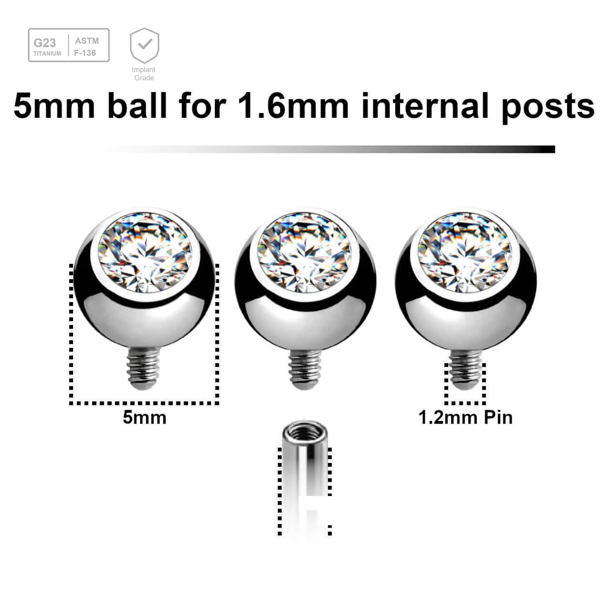Pack of 10 high polished titanium G23 balls with bezel set crystal with 5mm diameter for 1.6mm internally threaded posts - G23 ASTM F-136 implant grade titanium body jewelry
