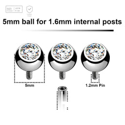 Pack of 10 high polished titanium G23 balls with bezel set crystal with 5mm diameter for 1.6mm internally threaded posts - G23 ASTM F-136 implant grade titanium body jewelry