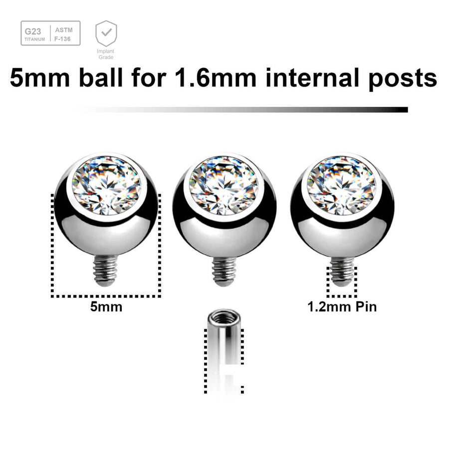 Pack of 10 high polished titanium G23 balls with bezel set crystal with 5mm diameter for 1.6mm internally threaded posts - G23 ASTM F-136 implant grade titanium body jewelry