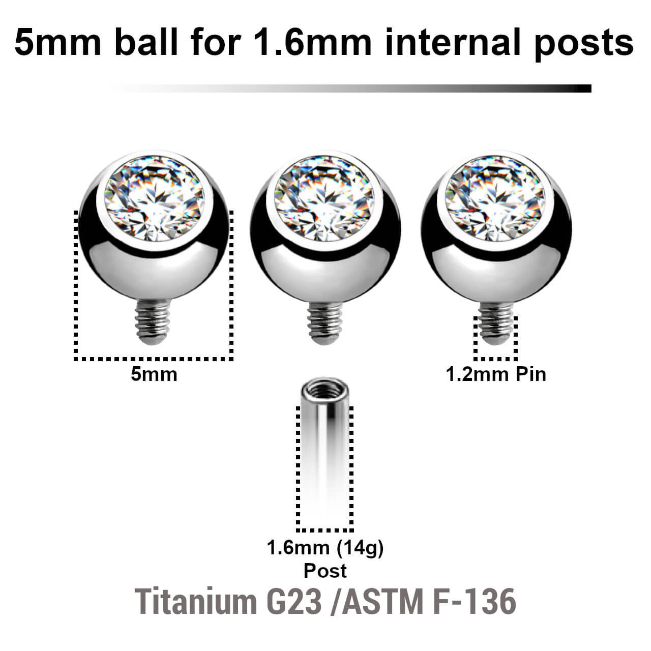 Pack of 10 high polished titanium G23 balls with bezel set crystal with 5mm diameter for 1.6mm internally threaded posts