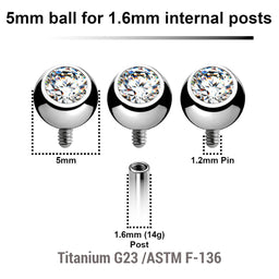 Pack of 10 high polished titanium G23 balls with bezel set crystal with 5mm diameter for 1.6mm internally threaded posts