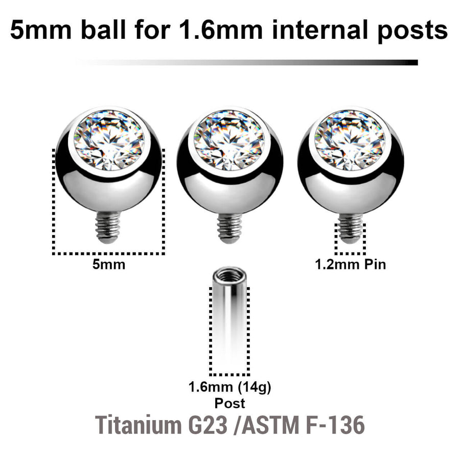 Pack of 10 high polished titanium G23 balls with bezel set crystal with 5mm diameter for 1.6mm internally threaded posts