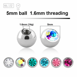 Pack of 10 high polished titanium G23 balls with a 5mm diameter and a bezel set crystal, 1.6mm threading Axis Titanium