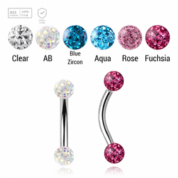 Pack of 5 high polished titanium internally threaded eyebrow bananas, Thickness 1.2mm, with two 3mm multi-crystal balls with epoxy resin cover. Axis Titanium