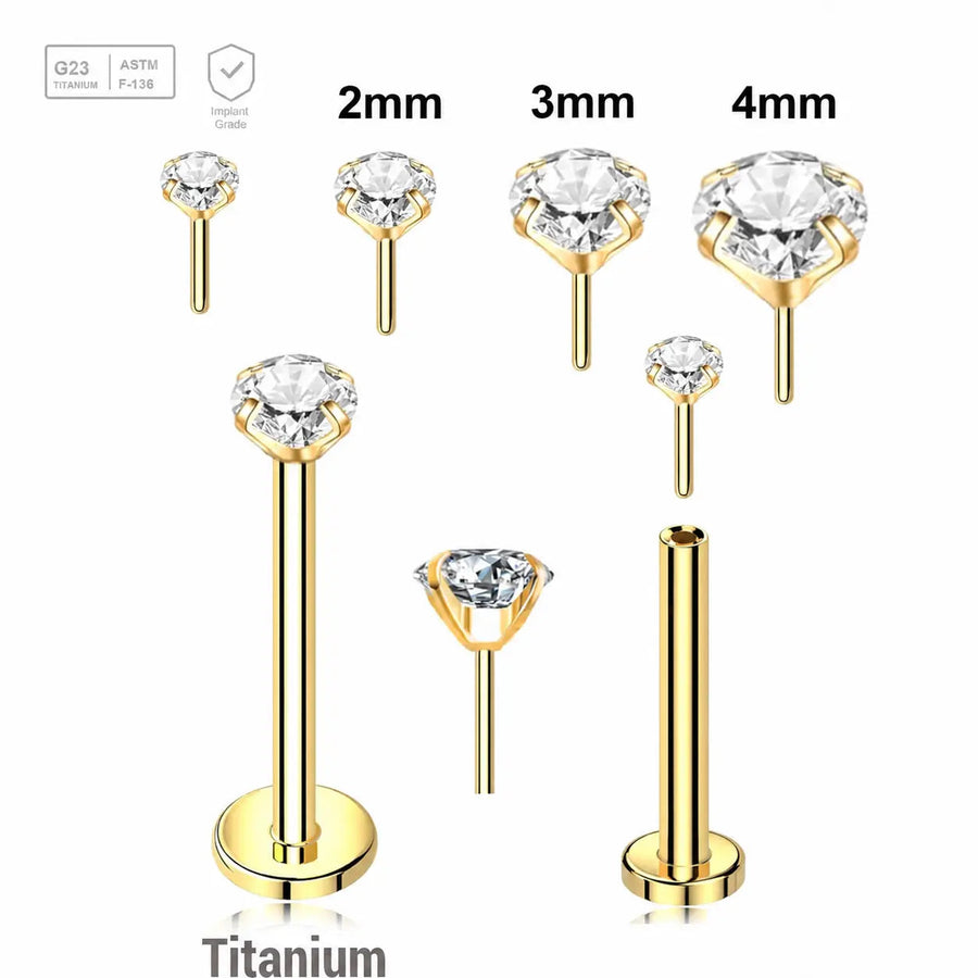 Pack of 5 Gold PVD plated Titanium threadless push in labrets, Thickness 1mm, with prong set round CZ stones Axis Titanium