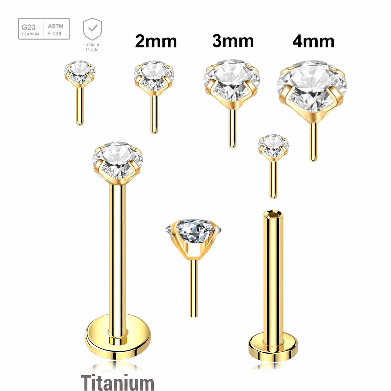 Pack of 5 Gold PVD plated Titanium threadless push in labrets, Thickness 1mm, with prong set round CZ stones Axis Titanium