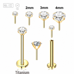 Pack of 5 Gold PVD plated Titanium threadless push in labrets, Thickness 1mm, with prong set round CZ stones Axis Titanium