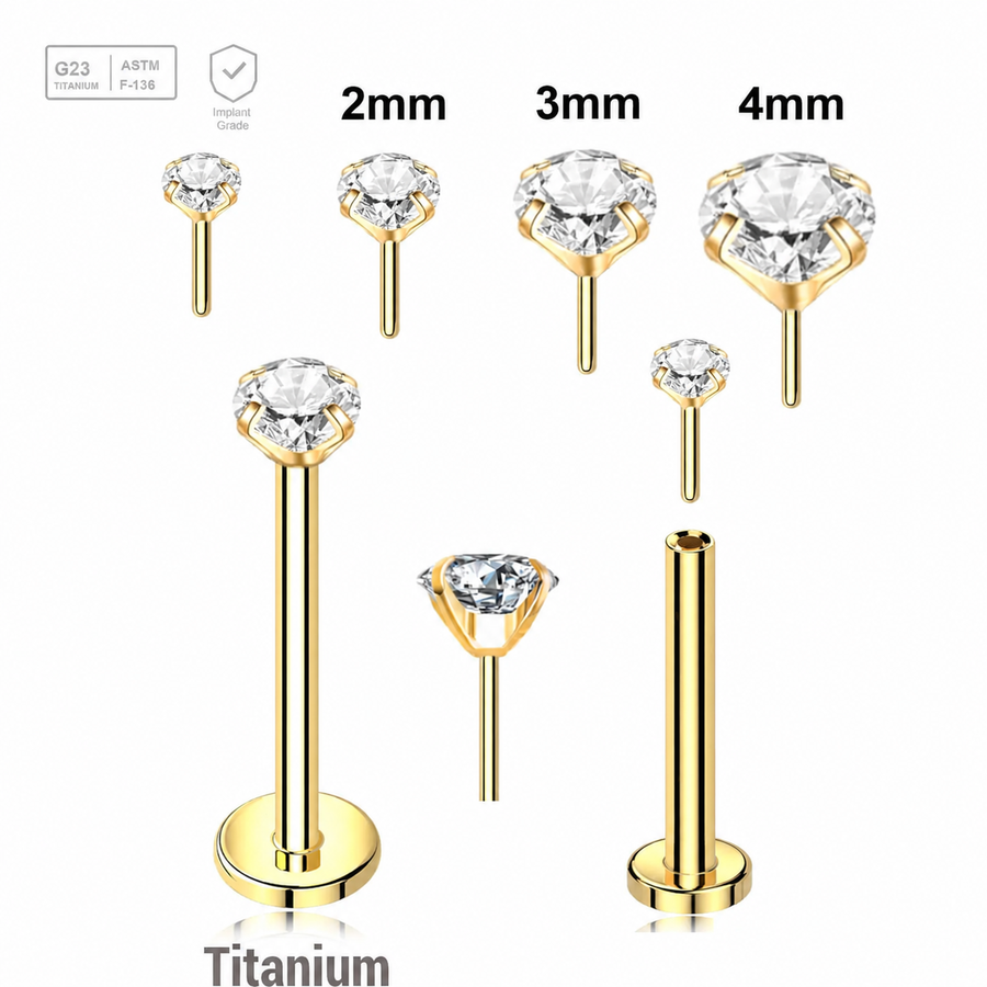 Pack of 5 Gold PVD plated Titanium threadless push in labrets, Thickness 1mm, with prong set round CZ stones Axis Titanium